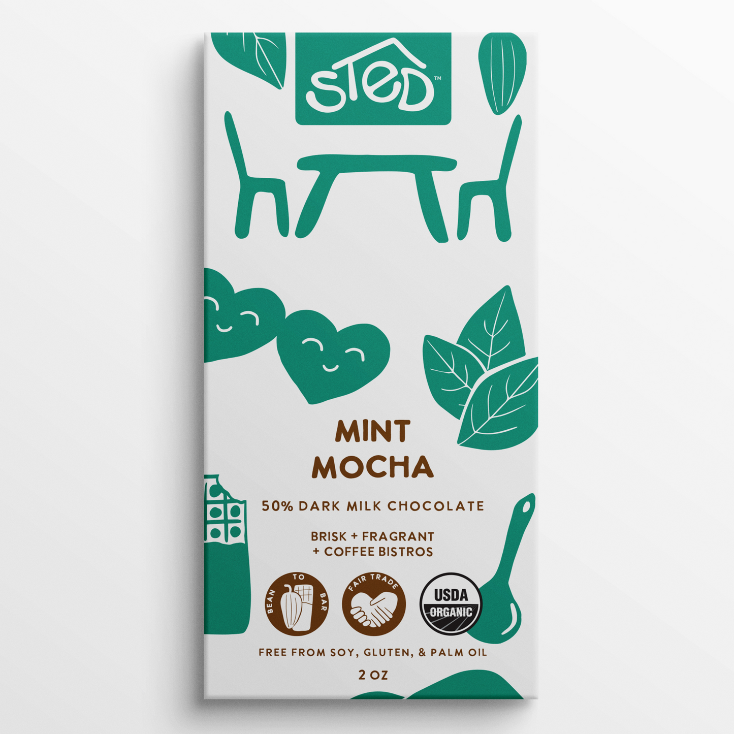 STED Foods Mint Mocha Chocolate Bar – handcrafted dark milk chocolate with mint and coffee in teal packaging.