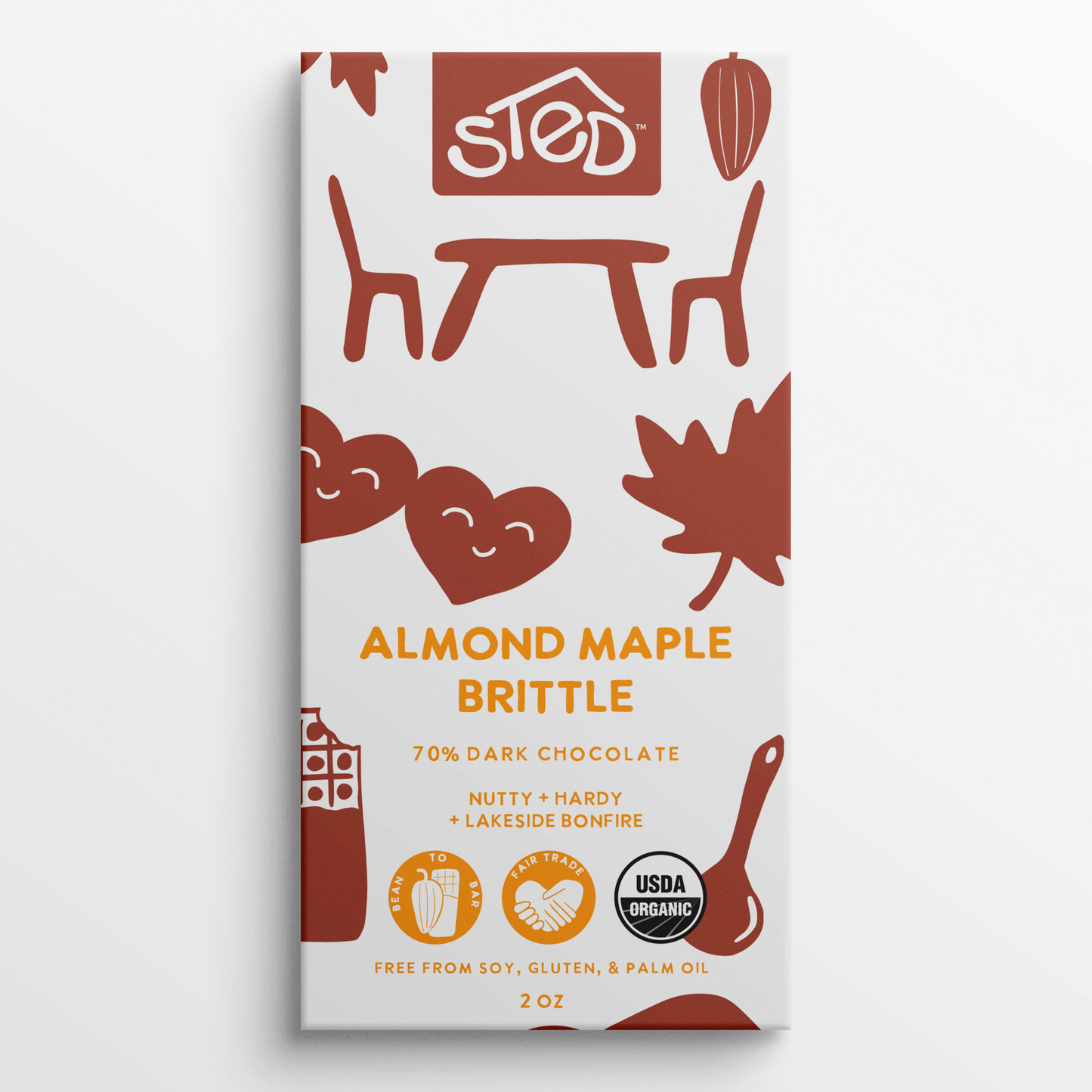 Sted Foods Almond Maple Brittle dark chocolate bar — handcrafted with roasted almonds, maple toffee, and smoked sea salt.