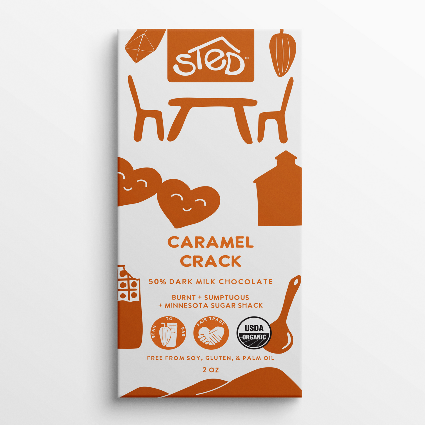 Sted Foods Caramel Crack milk dark chocolate bar — handcrafted with caramel toffee for a satisfying snap and crunch.