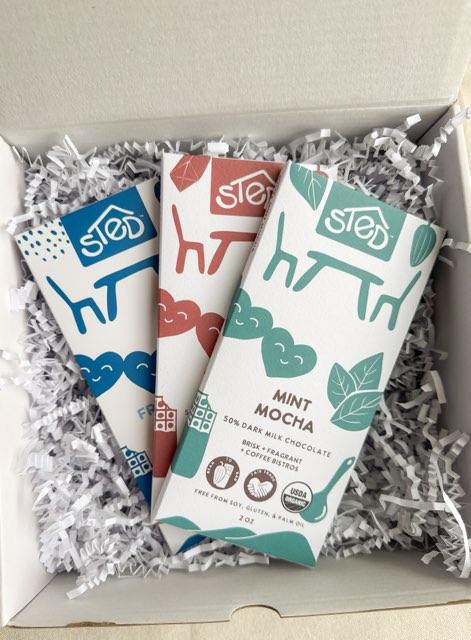 Caramel Crack, Mint, and Sea Salt chocolate bars packaged for gifting