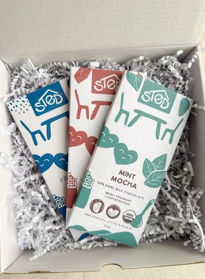 Caramel Crack, Mint, and Sea Salt chocolate bars packaged for gifting