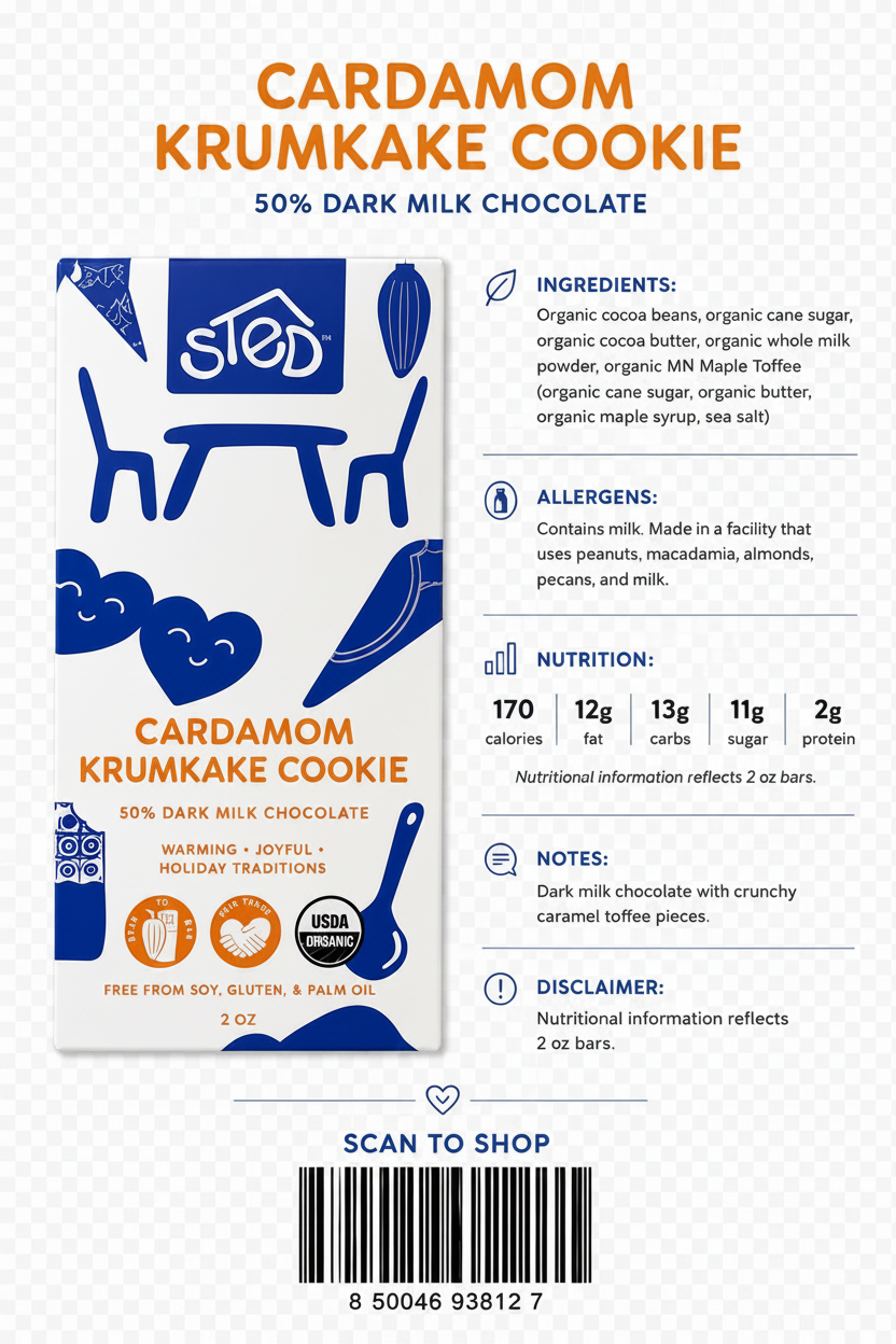 A product packaging mockup for 'Cardamom Krumkake Cookie' by the brand 'stod'. The image shows the front of the white and blue cookie box alongside a detailed ingredient, nutrition, and notes panel on a white background with a subtle grid pattern.