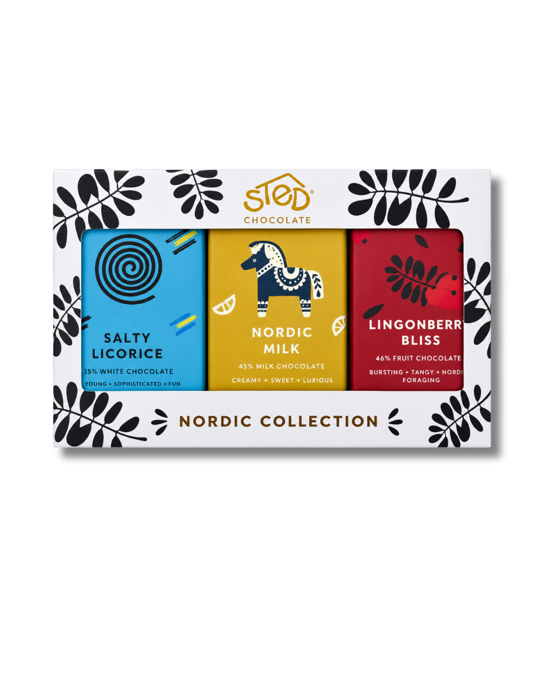 Nordic Collection chocolate gift box by Sted with three mini bars: Salty Licorice, Nordic Milk, and Lingonberry Bliss.