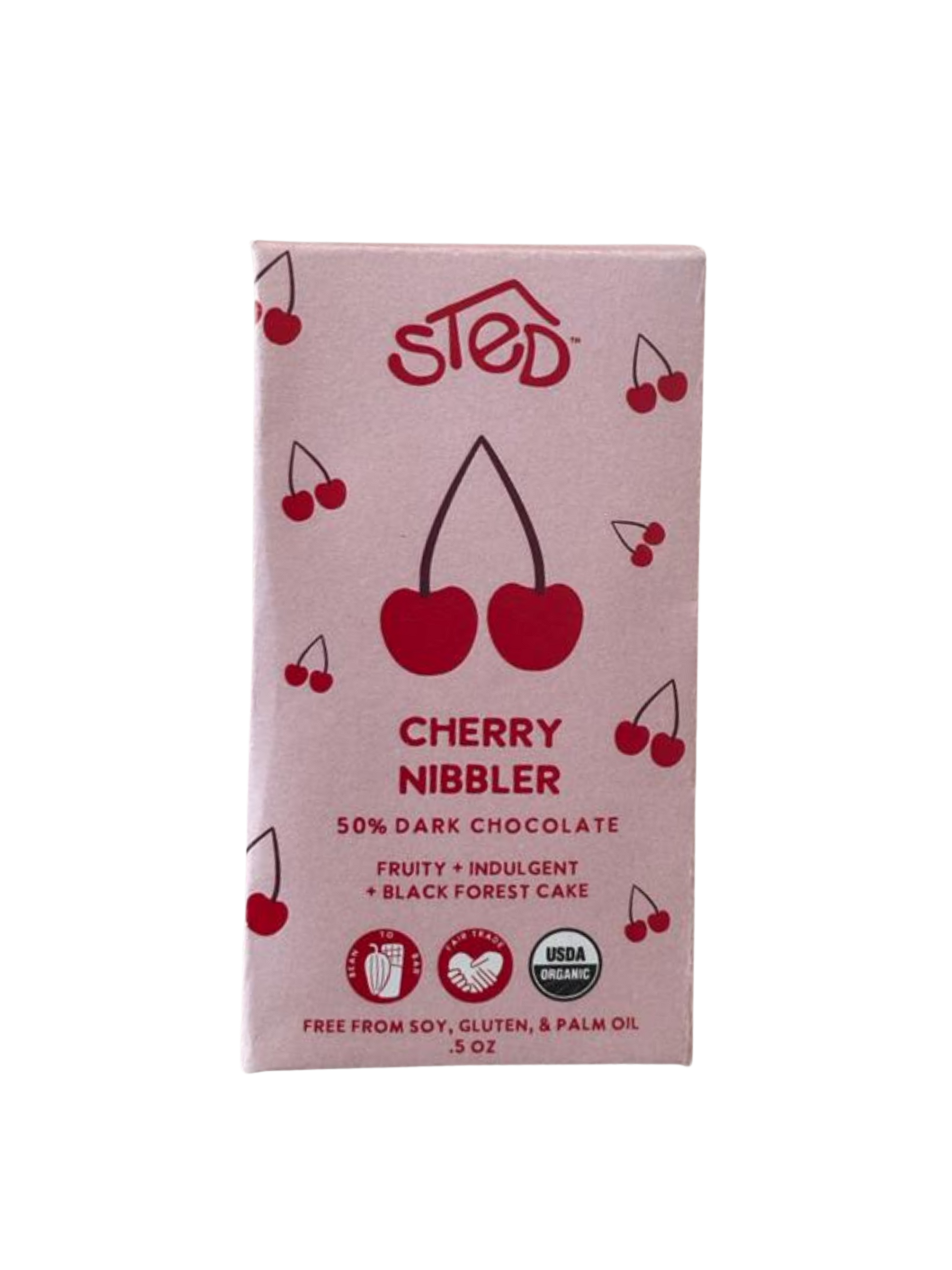 Box of Sted Cherry Nibbler dark chocolate on a white background