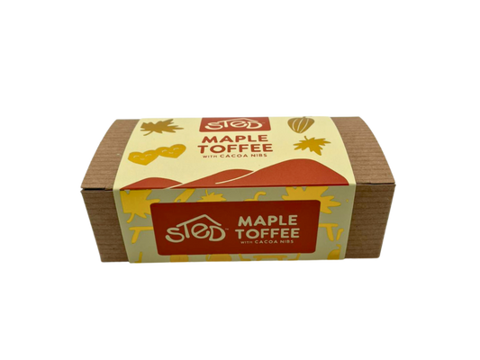 Sted Foods Maple Toffee with Cocoa Nibs, handcrafted seasonal chocolate toffee made with Minnesota maple syrup.