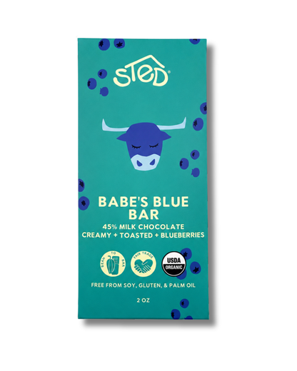 Sted Chocolate Babe's Blue Bar 2 oz featuring 45% milk chocolate with wild dried blueberries.