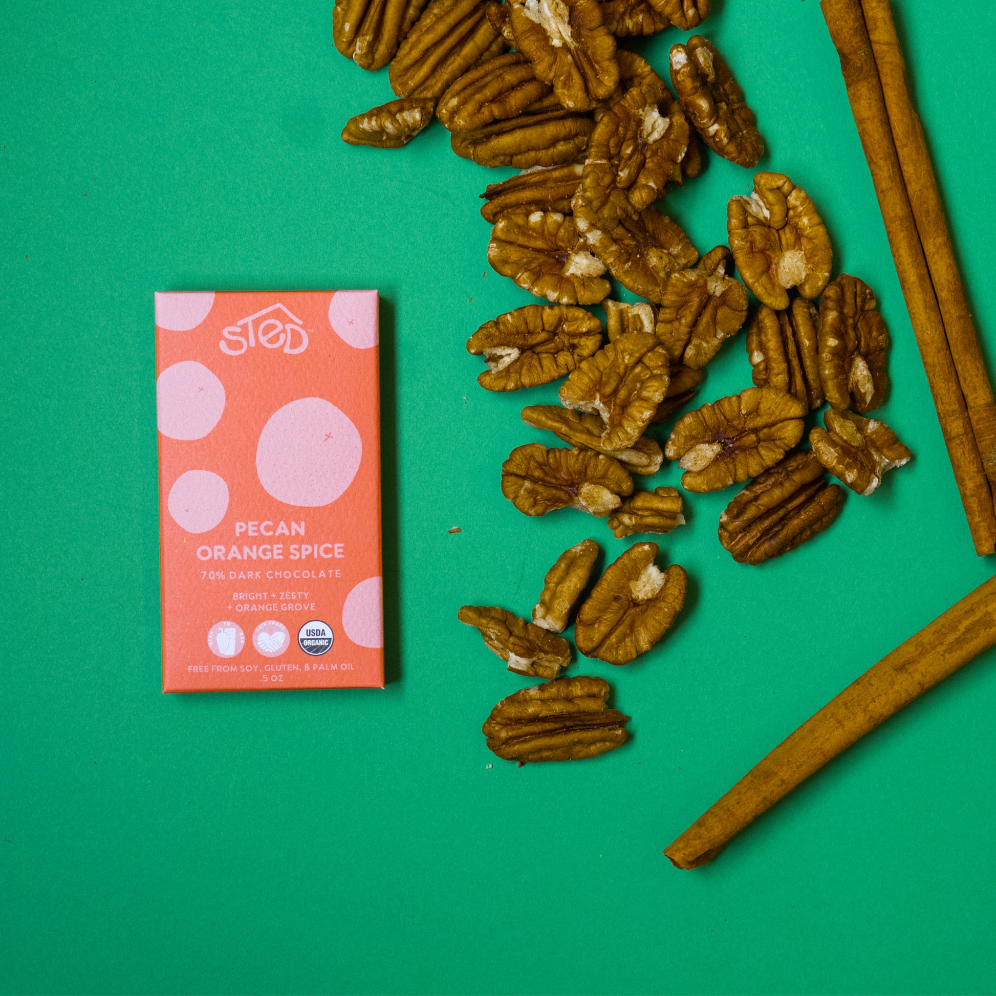 Pecan Orange Spice Organic Dark Chocolate Bar by Sted Foods Pecan Orange Spice Organic Dark Chocolate Bar by Sted Foods