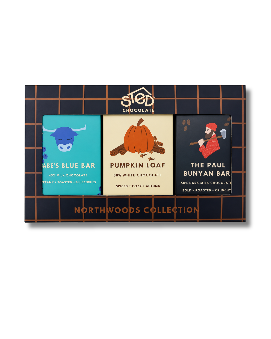 Sted Chocolate Northwoods Collection gift box featuring Babe's Blue Bar, Pumpkin Loaf, and The Paul Bunyan Bar mini chocolate bars.