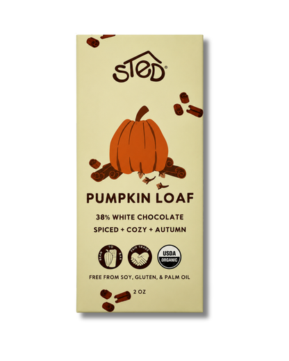 Sted Chocolate Pumpkin Loaf 2 oz white chocolate bar made with real pumpkin and warm baking spices.