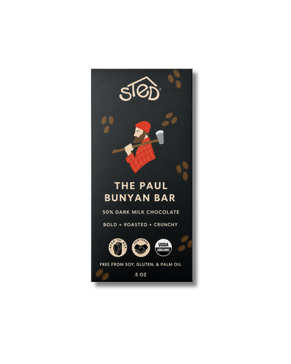 Sted Chocolate The Paul Bunyan Bar mini .5 oz featuring 50% dark milk chocolate with roasted coffee, crunchy cocoa nibs, and maple toffee flakes.