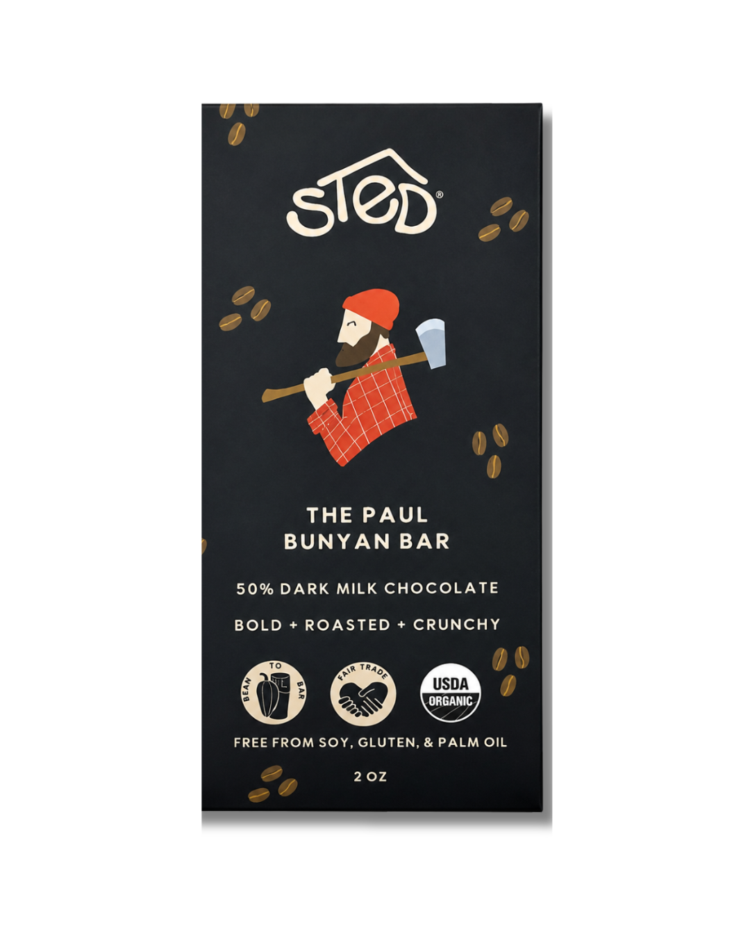 Sted Chocolate The Paul Bunyan Bar 2 oz featuring 50% dark milk chocolate with roasted coffee, crunchy cocoa nibs, and maple toffee flakes.