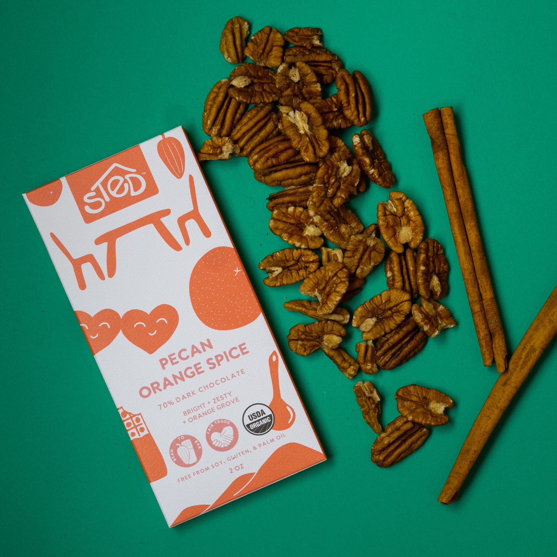 Pecan Orange Spice Organic Dark Chocolate Bar by Sted Foods Pecan Orange Spice Organic Dark Chocolate Bar by Sted Foods